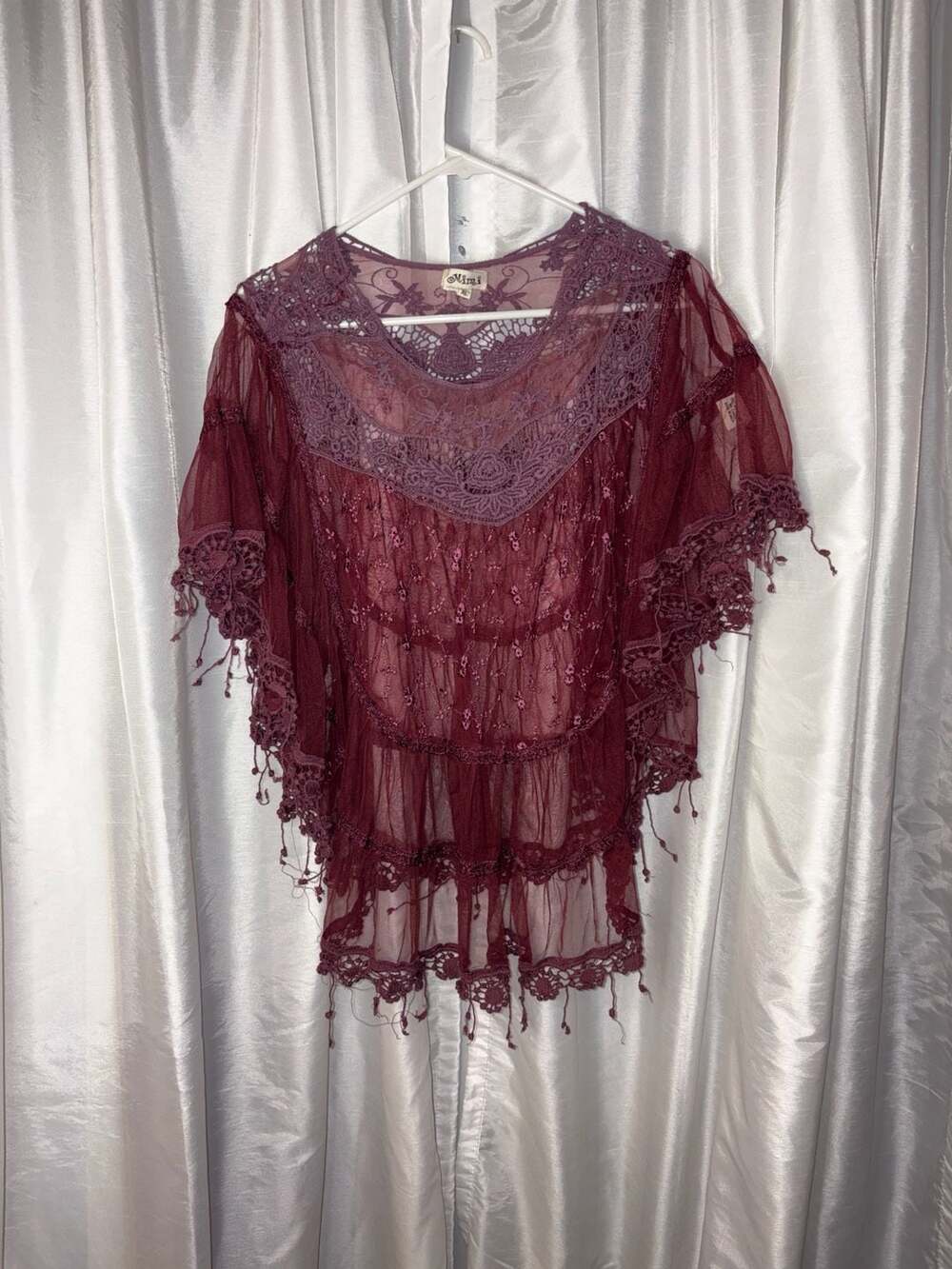Mimi Sheer Lace Tiered Poncho Top Burgundy Size XL